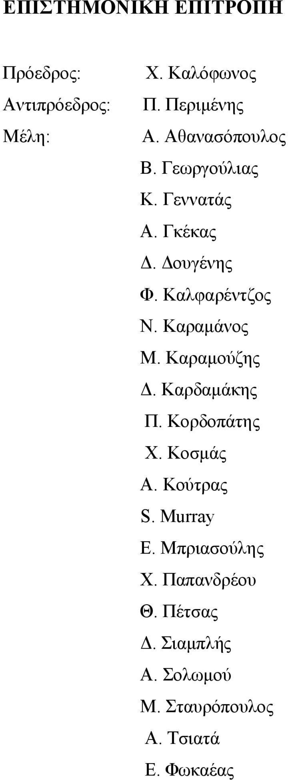 Καραμάνος Μ. Καραμούζης Δ. Καρδαμάκης Π. Κορδοπάτης Χ. Κοσμάς Α. Κούτρας S. Murray Ε.