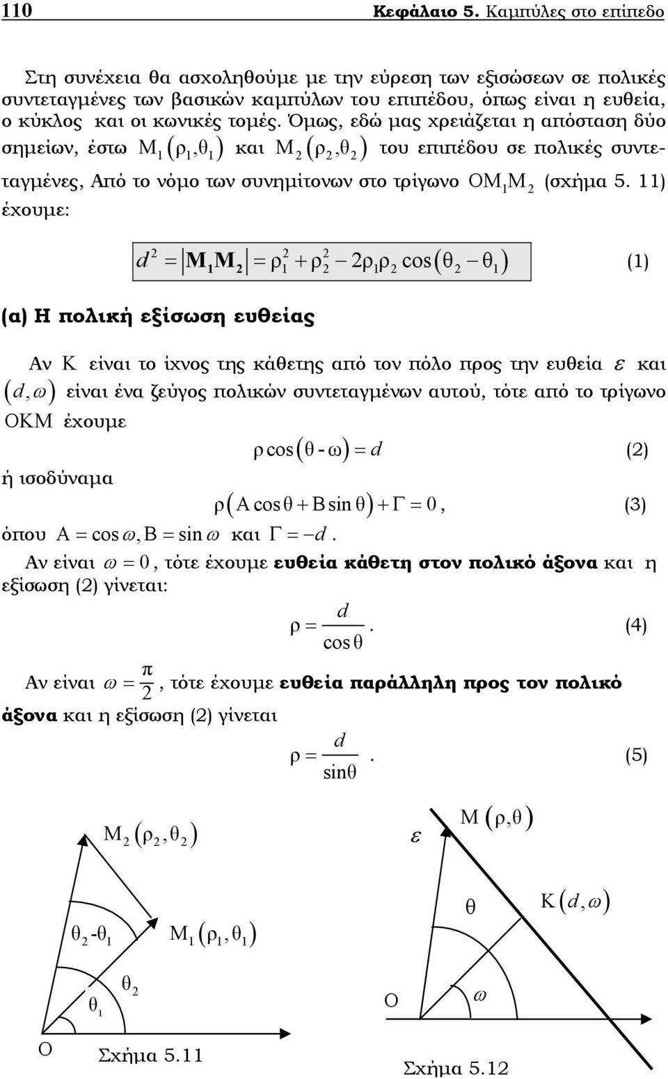 Όµως, εδώ µας χρειάζεται η απόσταση δύο σηµείων, έστω ρ,θ και Μ ρ,θ του επιπέδου σε πολικές συντεταγµένες, Από το νόµο των συνηµίτονων στο τρίγωνο ΜΜ (σχήµα 5.