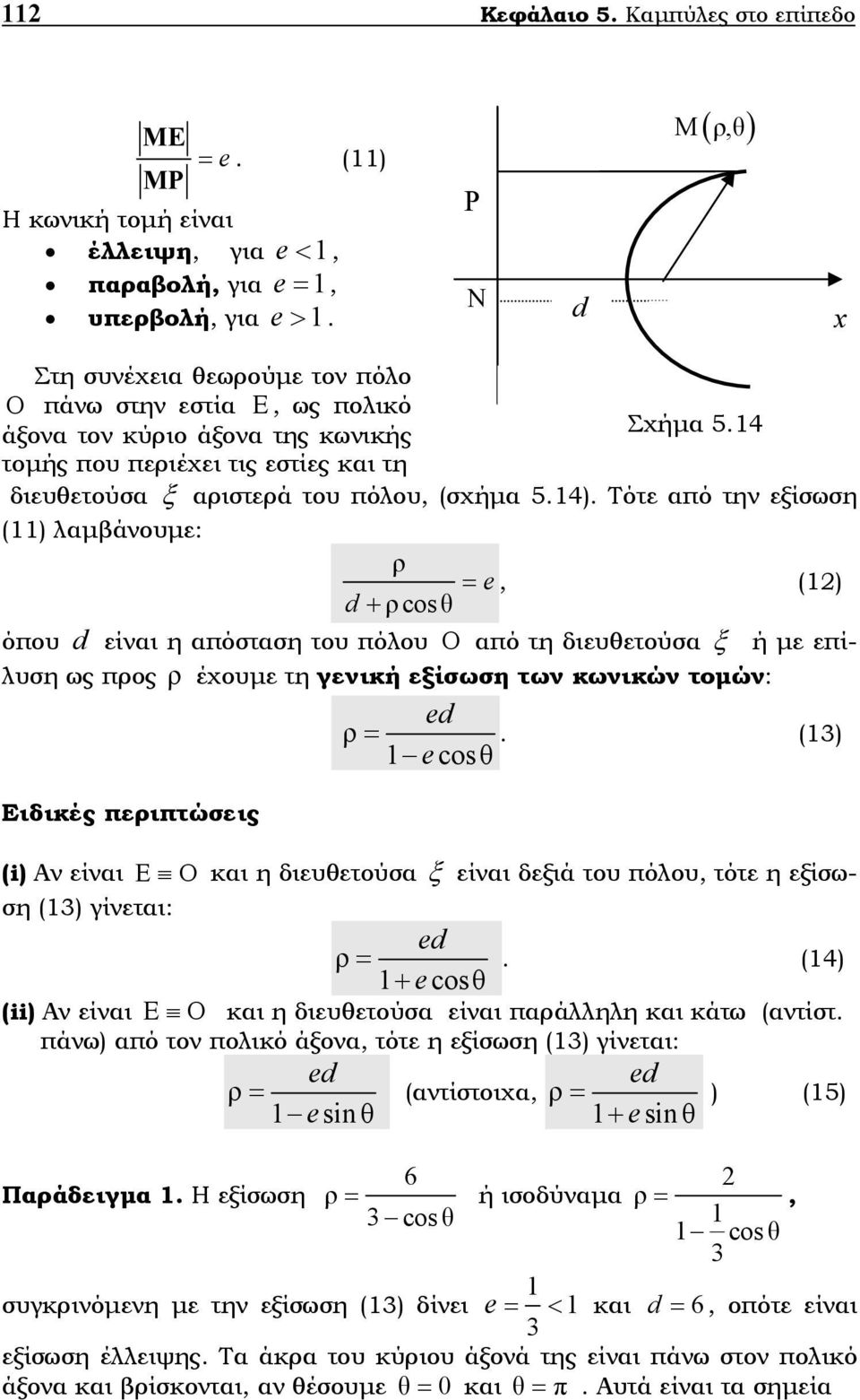Τότε από την εξίσωση () λαµβάνουµε: ρ = e, () d + ρ cos θ όπου d είναι η απόσταση του πόλου από τη διευθετούσα ξ ή µε επίλυση ως προς ρ έχουµε τη γενική εξίσωση των κωνικών τοµών: ed ρ =.