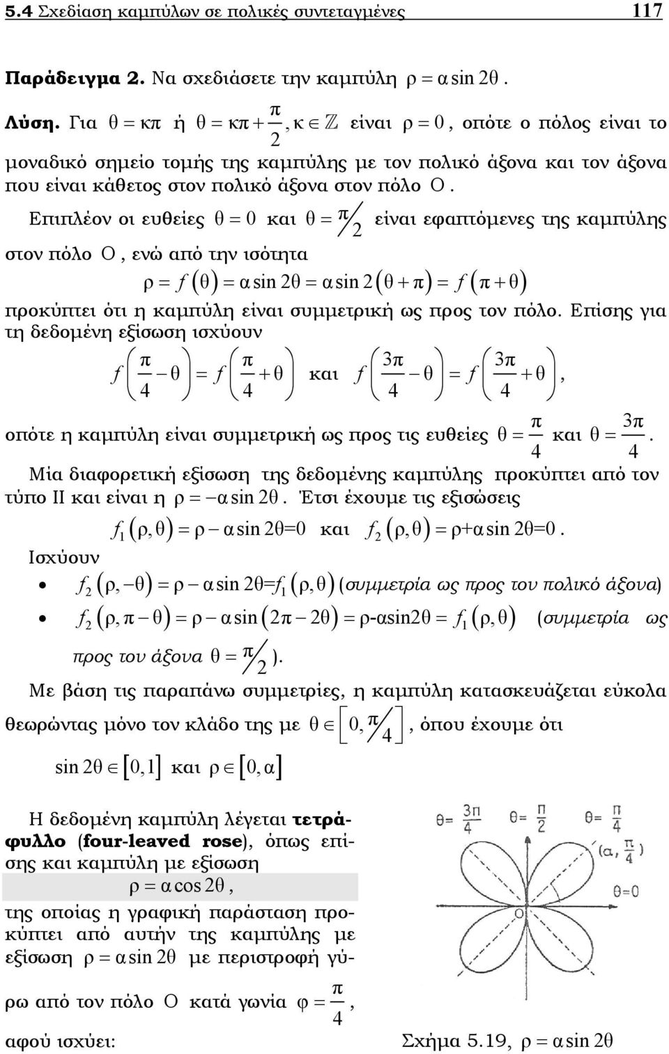 Επιπλέον οι ευθείες θ = 0 και θ = π είναι εφαπτόµενες της καµπύλης στον πόλο, ενώ από την ισότητα ρ = f θ = αsin θ = αsin θ+ π = f π+ θ ( ) ( ) ( ) προκύπτει ότι η καµπύλη είναι συµµετρική ως προς