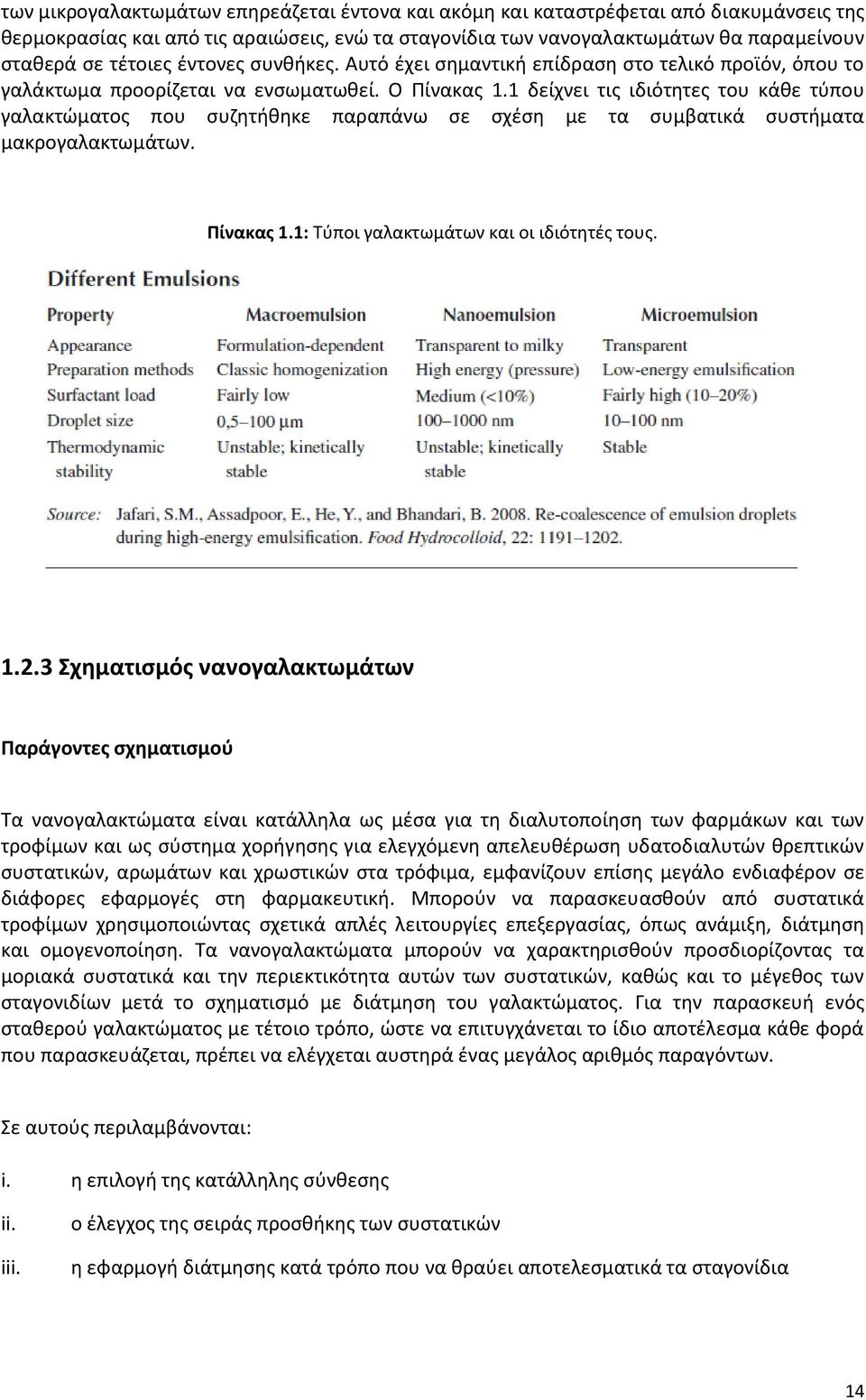 1 δείχνει τις ιδιότητες του κάθε τύπου γαλακτώματος που συζητήθηκε παραπάνω σε σχέση με τα συμβατικά συστήματα μακρογαλακτωμάτων. Πίνακας 1.1: Τύποι γαλακτωμάτων και οι ιδιότητές τους. 1.2.