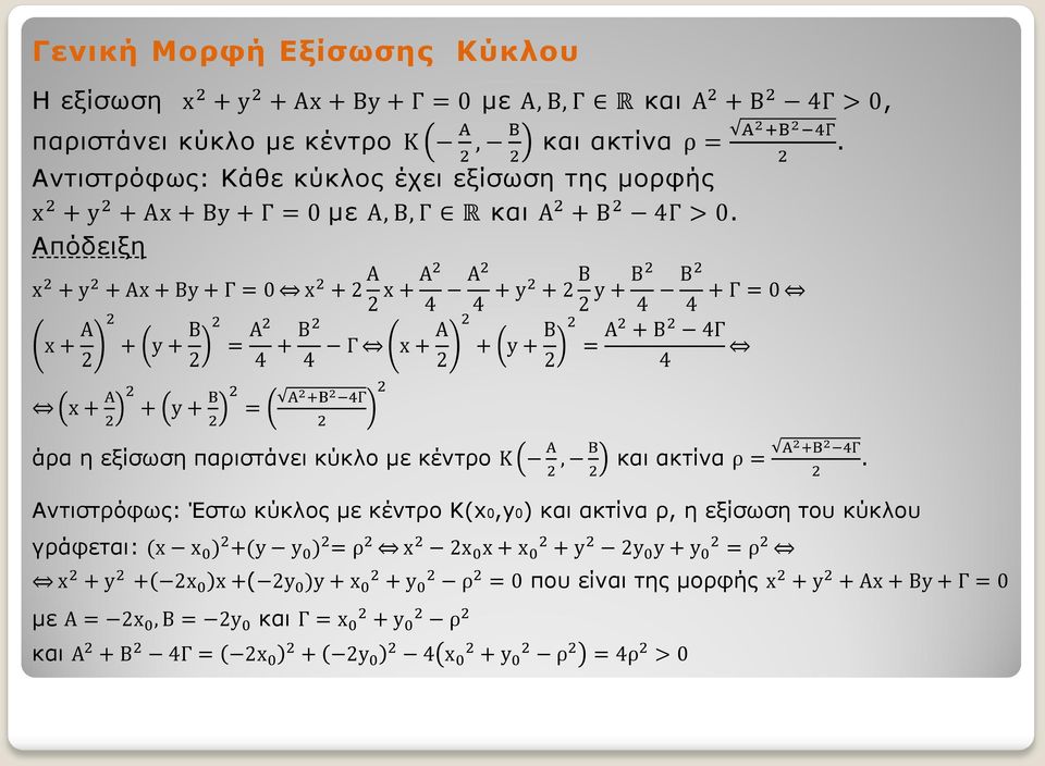 Απόδειξη x 2 + y 2 + Ax + By + Γ = 0 x + A 2 2 x + A 2 + y + B 2 2 + y + B x 2 + 2 A 2 x + A2 4 A2 4 + y2 + 2 B 2 y + B2 4 B2 2 = A2 4 + B2 4 Γ x + A 2 2 2 = A 2 +Β 2 4Γ 2 + y + B 2 άρα η εξίσωση