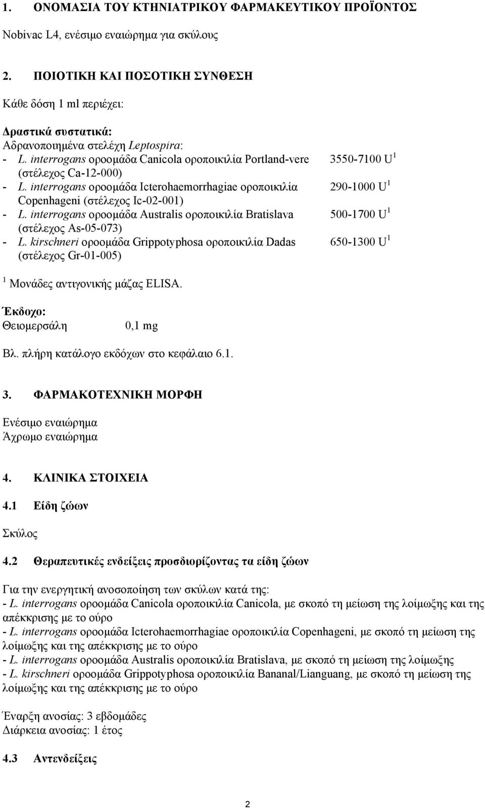 interrogans οροομάδα Icterohaemorrhagiae οροποικιλία Copenhageni (στέλεχος Ic-02-001) - L. interrogans οροομάδα Australis οροποικιλία Bratislava (στέλεχος As-05-073) - L.