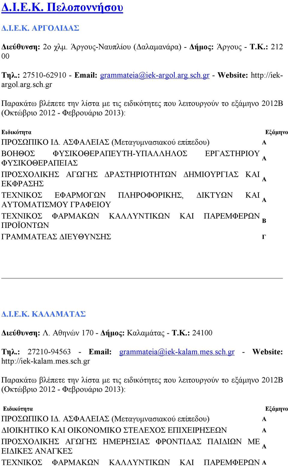 ΣΦΛΕΙΣ (Μεταγυμνασιακού επίπεδου) ΒΟΗΘΟΣ ΦΥΣΙΚΟΘΕΡΠΕΥΤΗ-ΥΠΛΛΗΛΟΣ ΕΡΣΤΗΡΙΟΥ ΦΥΣΙΚΟΘΕΡΠΕΙΣ ΠΡΟΣΧΟΛΙΚΗΣ ΩΗΣ ΔΡΣΤΗΡΙΟΤΗΤΩΝ ΔΗΜΙΟΥΡΙΣ ΚΙ ΕΚΦΡΣΗΣ ΤΕΧΝΙΚΟΣ ΕΦΡΜΟΩΝ ΠΛΗΡΟΦΟΡΙΚΗΣ, ΔΙΚΤΥΩΝ ΚΙ ΥΤΟΜΤΙΣΜΟΥ ΡΦΕΙΟΥ