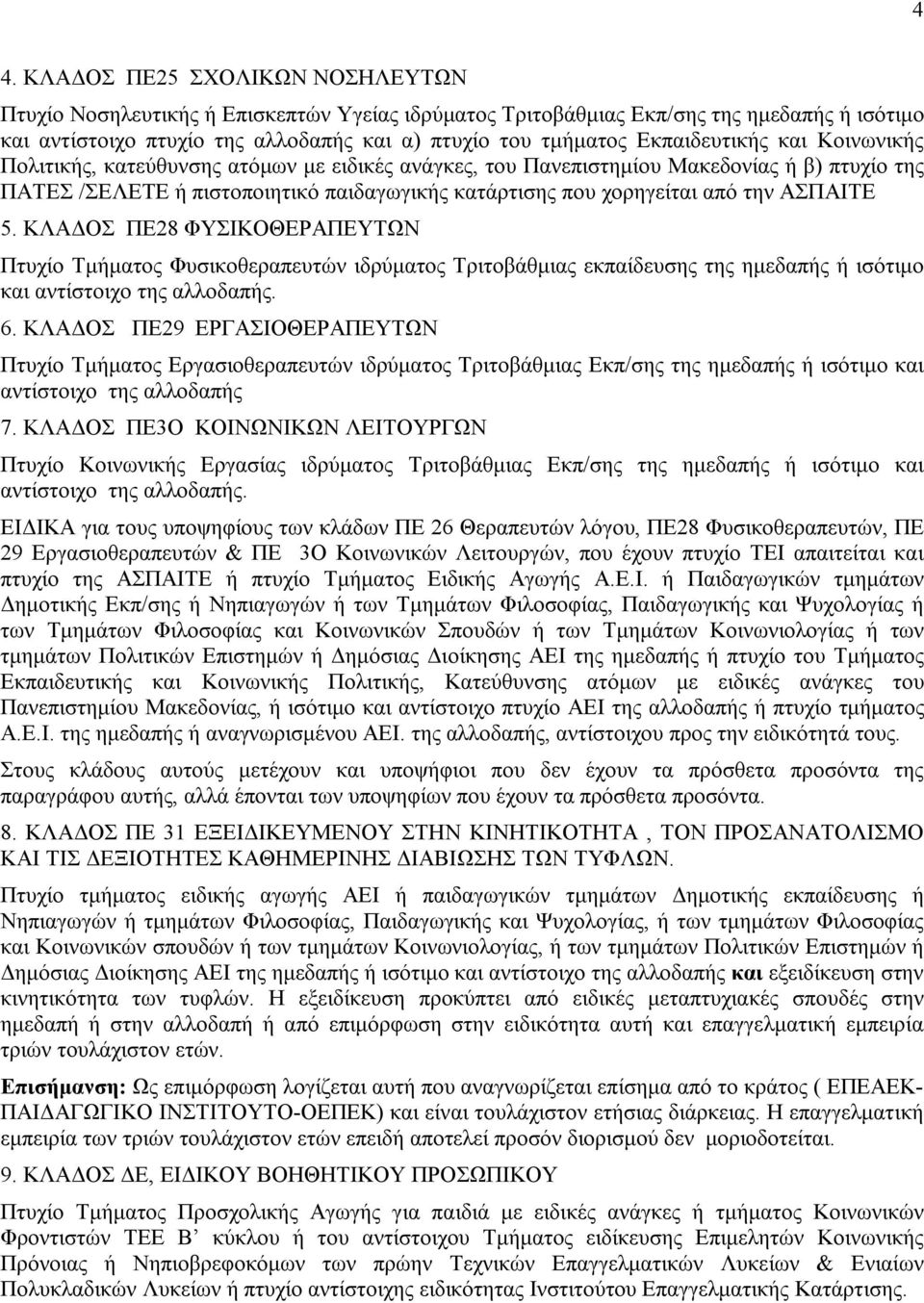 την ΑΣΠΑΙΤΕ 5. ΚΛΑΔΟΣ ΠΕ28 ΦΥΣΙΚΟΘΕΡΑΠΕΥΤΩΝ Πτυχίο Τμήματος Φυσικοθεραπευτών ιδρύματος Τριτοβάθμιας εκπαίδευσης της ημεδαπής ή ισότιμο και αντίστοιχο της αλλοδαπής. 6.