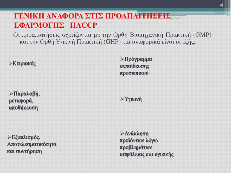 Ορθή Υγιεινή Πρακτική (GHP) και αναφορικά είναι οι εξής: 4 Κτιριακές Πρόγραμμα εκπαίδευσης