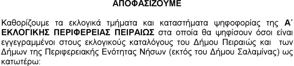 εγγεγραμμένοι στους εκλογικούς καταλόγους του Δήμου Πειραιώς και των