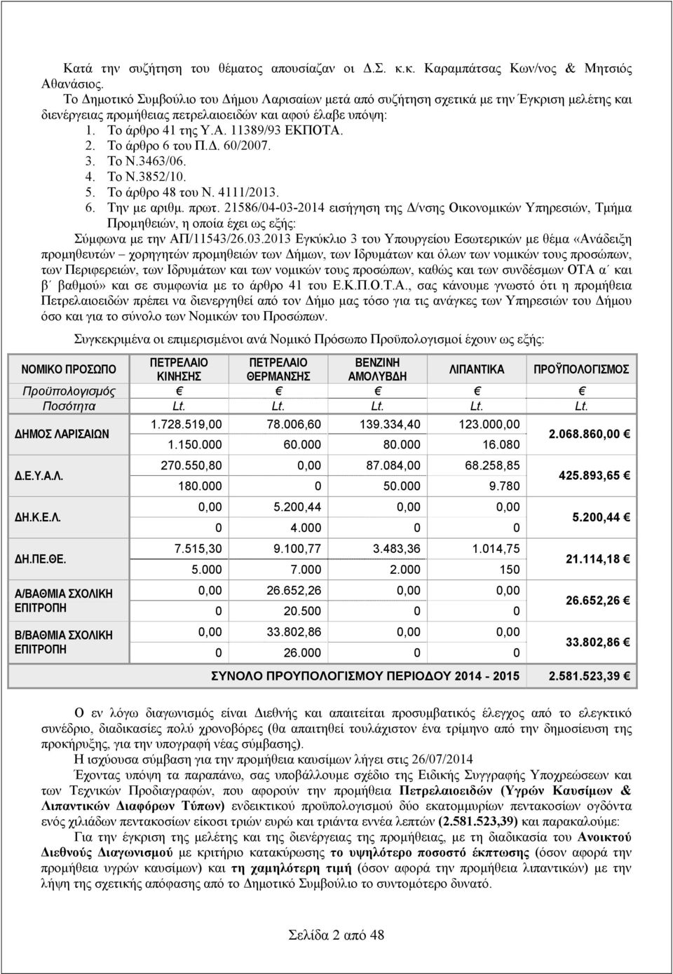 Το άρθρο 6 του Π.Δ. 60/2007. 3. Το Ν.3463/06. 4. Το Ν.3852/10. 5. Το άρθρο 48 του Ν. 4111/2013. 6. Την με αριθμ. πρωτ.