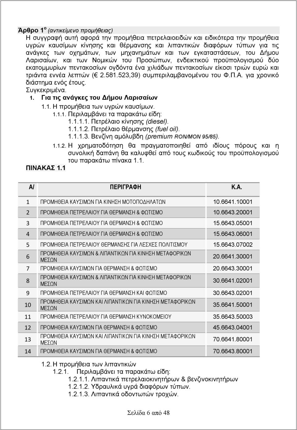 τριών ευρώ και τριάντα εννέα λεπτών ( 2.581.523,39) συμπεριλαμβανομένου του Φ.Π.Α. για χρονικό διάστημα ενός έτους. Συγκεκριμένα. 1. Για τις ανάγκες του Δήμου Λαρισαίων 1.1. Η προμήθεια των υγρών καυσίμων.