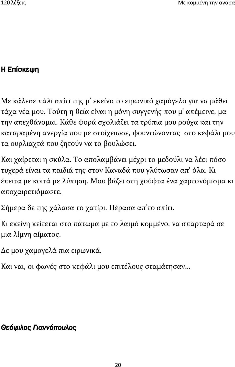 Το απολαμβάνει μέχρι το μεδούλι να λέει πόσο τυχερά είναι τα παιδιά της στον Καναδά που γλύτωσαν απ όλα. Κι έπειτα με κοιτά με λύπηση. Μου βάζει στη χούφτα ένα χαρτονόμισμα κι αποχαιρετιόμαστε.