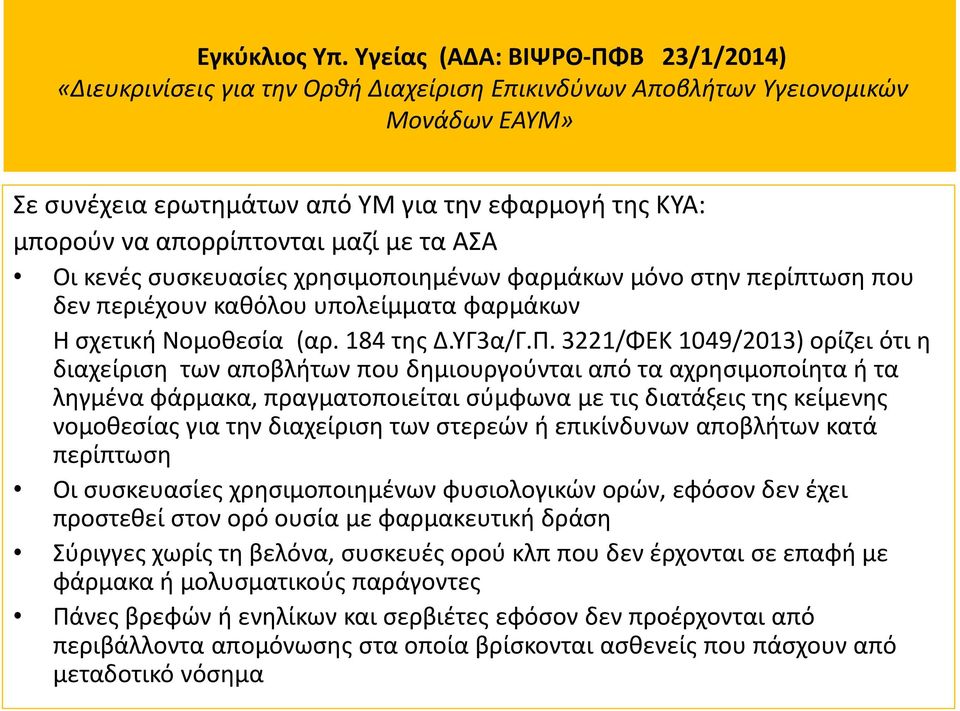 απορρίπτονται μαζί με τα ΑΣΑ Οι κενές συσκευασίες χρησιμοποιημένων φαρμάκων μόνο στην περίπτωση που δεν περιέχουν καθόλου υπολείμματα φαρμάκων Η σχετική Νομοθεσία (αρ. 184 της Δ.ΥΓ3α/Γ.Π.