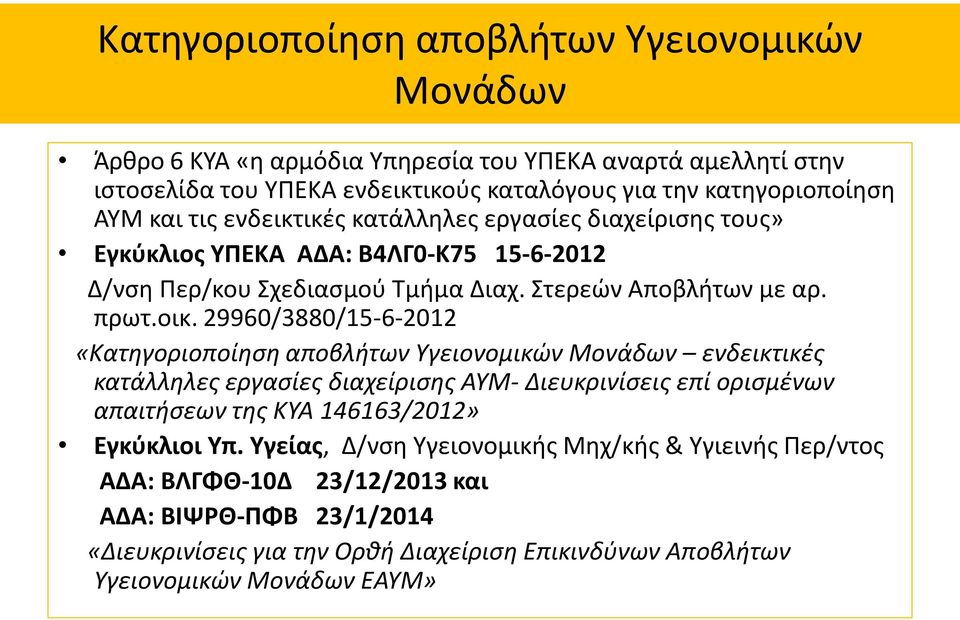 29960/3880/15-6-2012 «Κατηγοριοποίηση αποβλήτων Υγειονομικών Μονάδων ενδεικτικές κατάλληλες εργασίες διαχείρισης ΑΥΜ- Διευκρινίσεις επί ορισμένων απαιτήσεων της ΚΥΑ 146163/2012»