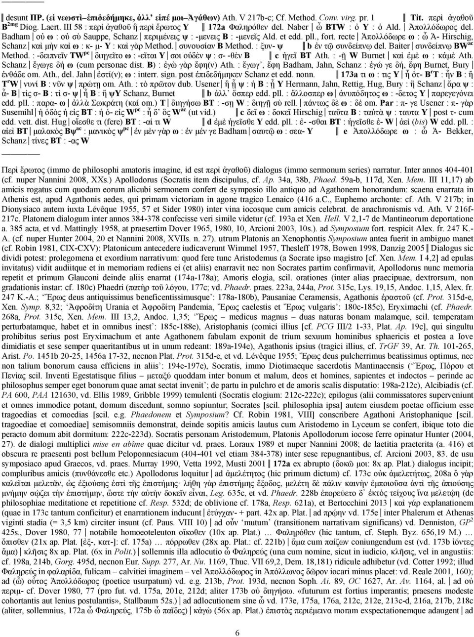 recte Ἀπολλόδωρε ω : ὦ Ἀ- Hirschig, Schanz καὶ µὴν καὶ ω : κ- µ- Y : καὶ γὰρ Method. συνουσίαν B Method. : ξυν- ψ b ἐν τῷ συνδείπνῳ del. Baiter συνδείπνῳ BW ac Method.