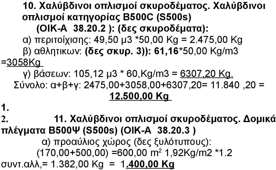 3)): 61,16*50,00 Kg/m3 =3058Kg γ) βάσεων: 105,12 μ3 * 60,Kg/m3 = 6307,20 Kg. Σύνολο: α+β+γ: 2475,00+3058,00+6307,20= 11.840,20 = 12.