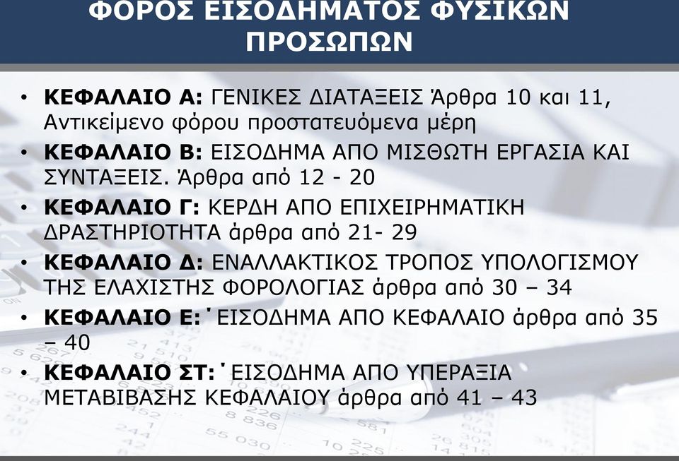 Άρθρα από 12-20 ΚΕΦΑΛΑΙΟ Γ: ΚΕΡΔΗ ΑΠΟ ΕΠΙΧΕΙΡΗΜΑΤΙΚΗ ΔΡΑΣΤΗΡΙΟΤΗΤΑ άρθρα από 21-29 ΚΕΦΑΛΑΙΟ Δ: ΕΝΑΛΛΑΚΤΙΚΟΣ ΤΡΟΠΟΣ