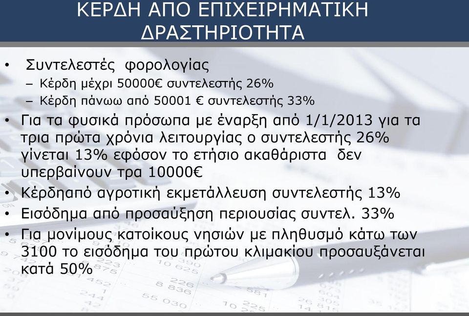 13% εφόσον το ετήσιο ακαθάριστα δεν υπερβαίνουν τρα 10000 Κέρδηαπό αγροτική εκμετάλλευση συντελεστής 13% Εισόδημα από