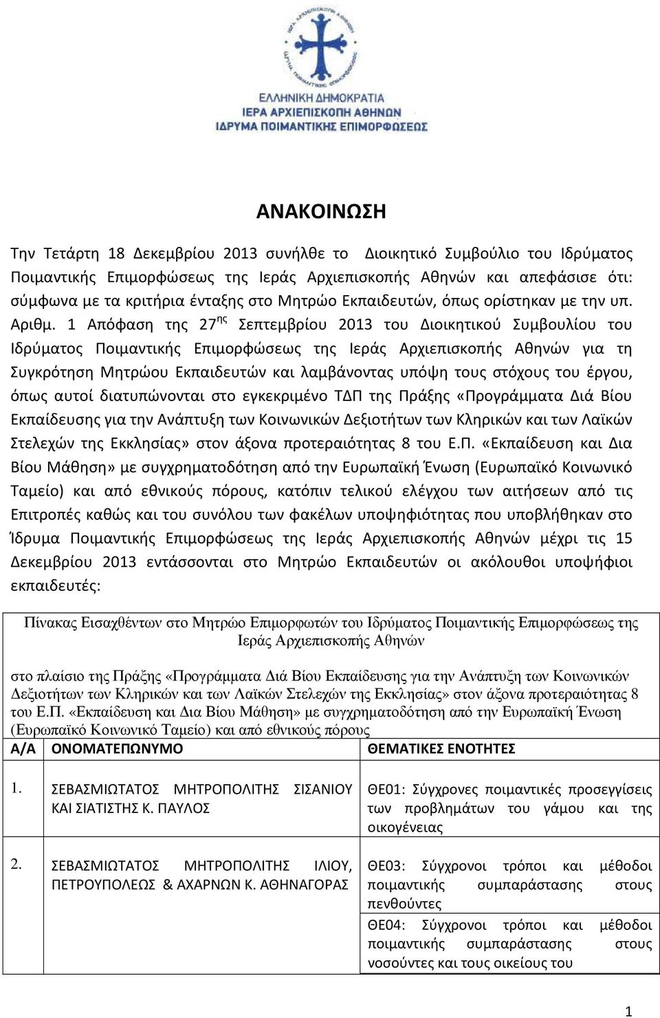 1 Απόφαση της 27 ης Σεπτεμβρίου 2013 του Διοικητικού Συμβουλίου του Ιδρύματος Ποιμαντικής Επιμορφώσεως της Ιεράς Αρχιεπισκοπής Αθηνών για τη Συγκρότηση Μητρώου Εκπαιδευτών και λαμβάνοντας υπόψη τους