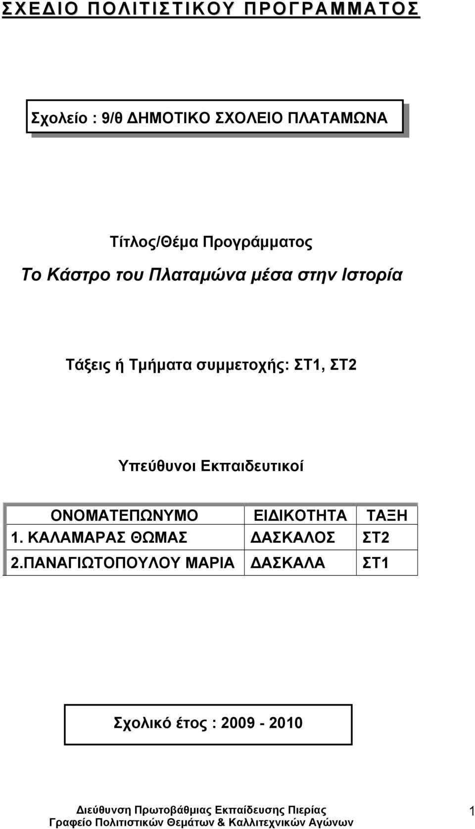 Τμήματα συμμετοχής: ΣΤ1, ΣΤ2 Υπεύθυνοι Εκπαιδευτικοί ΟΝΟΜΑΤΕΠΩΝΥΜΟ ΕΙΔΙΚΟΤΗΤΑ