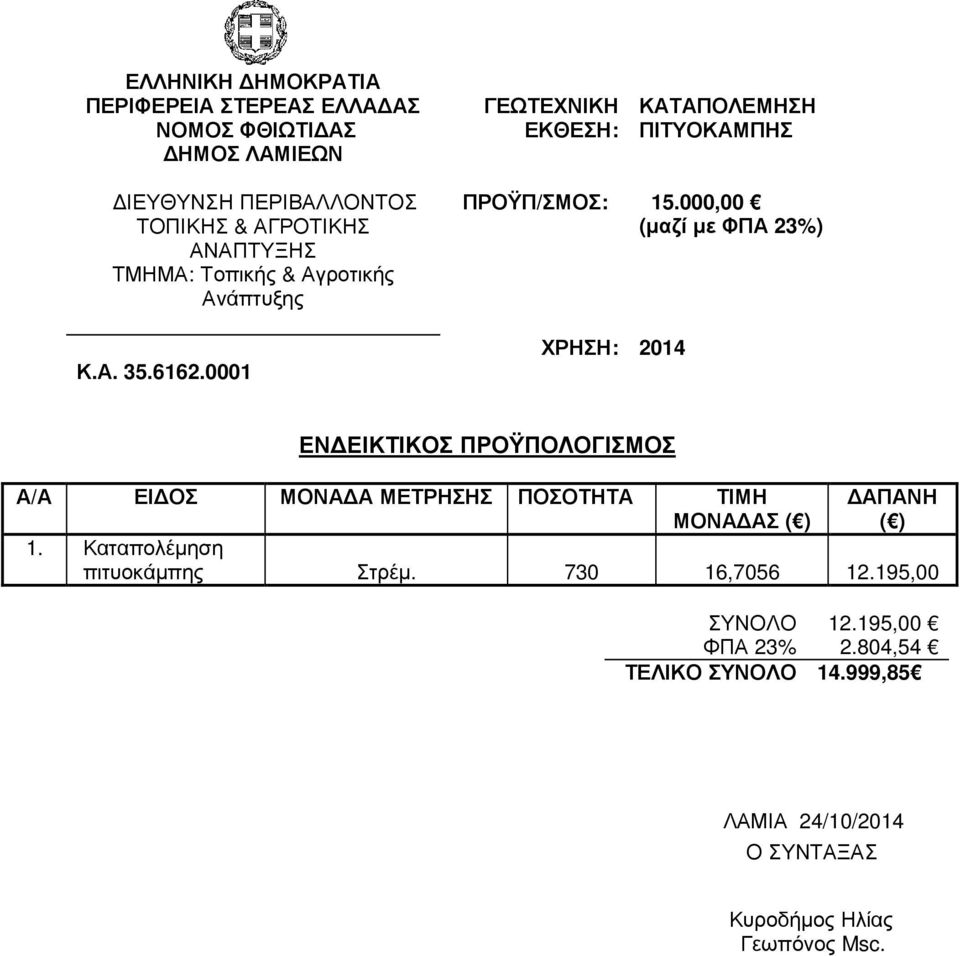 Καταπολέµηση πιτυοκάµπης Στρέµ. 730 16,7056 12.
