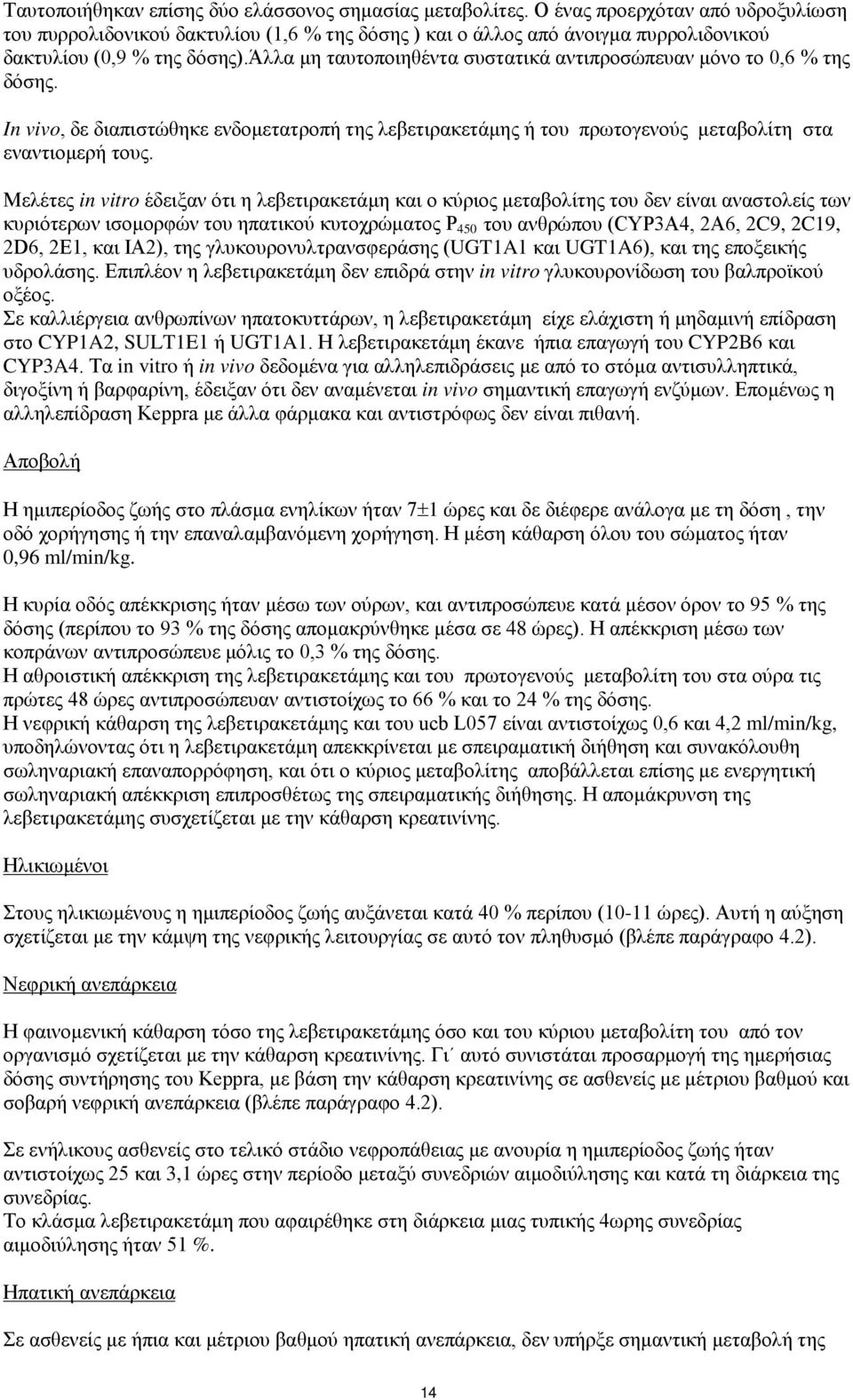 άλλα μη ταυτοποιηθέντα συστατικά αντιπροσώπευαν μόνο το 0,6 % της δόσης. In vivo, δε διαπιστώθηκε ενδομετατροπή της λεβετιρακετάμης ή του πρωτογενούς μεταβολίτη στα εναντιομερή τους.