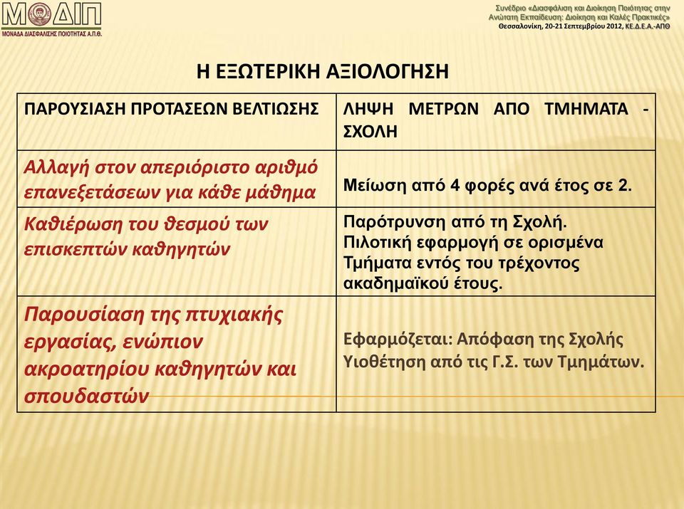 Καθιέρωση του θεσμού των επισκεπτών καθηγητών Παρουσίαση της πτυχιακής εργασίας, ενώπιον ακροατηρίου καθηγητών και