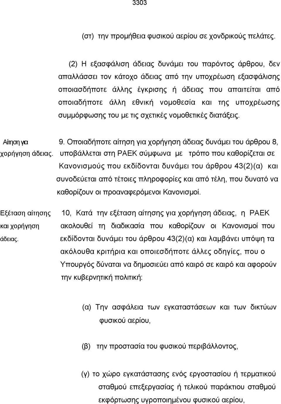 νομοθεσία και της υποχρέωσης συμμόρφωσης του με τις σχετικές νομοθετικές διατάξεις. Αίτηση για 9. Οποιαδήποτε αίτηση για χορήγηση άδειας δυνάμει του άρθρου 8, χορήγηση άδειας.