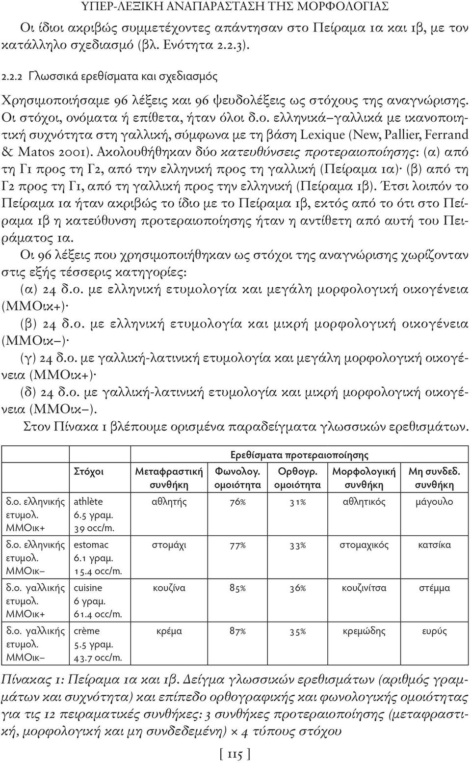Ακολουθήθηκαν δύο κατευθύνσεις προτεραιοποίησης: (α) από τη Γ1 προς τη Γ2, από την ελληνική προς τη γαλλική (Πείραμα 1α) (β) από τη Γ2 προς τη Γ1, από τη γαλλική προς την ελληνική (Πείραμα 1β).