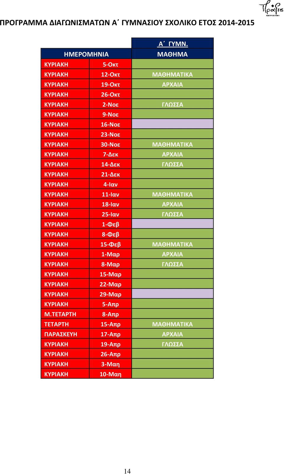 ΜΑΘΗΜΑΤΙΚΑ 7-Δεκ ΑΡΧΑΙΑ 14-Δεκ ΓΛΩΣΣΑ 21-Δεκ 4-Ιαν 11-Ιαν ΜΑΘΗΜΑΤΙΚΑ 18-Ιαν ΑΡΧΑΙΑ 25-Ιαν ΓΛΩΣΣΑ 1-Φεβ 8-Φεβ