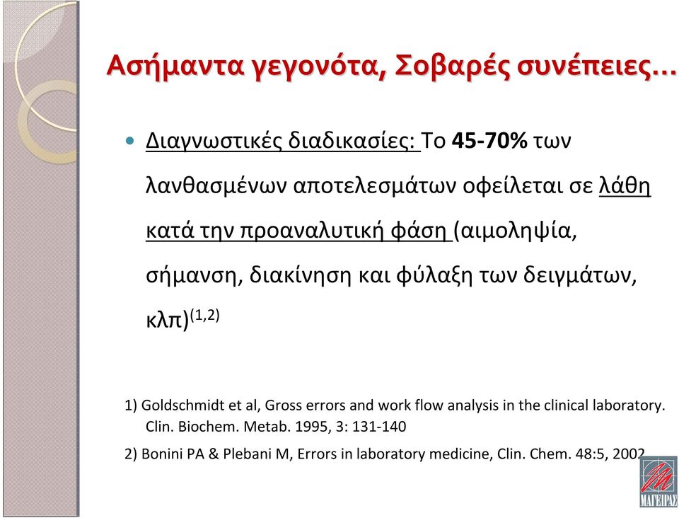 κλπ) (1,2) 1) Goldschmidt et al, Gross errors and work flow analysis in the clinical laboratory. Clin.