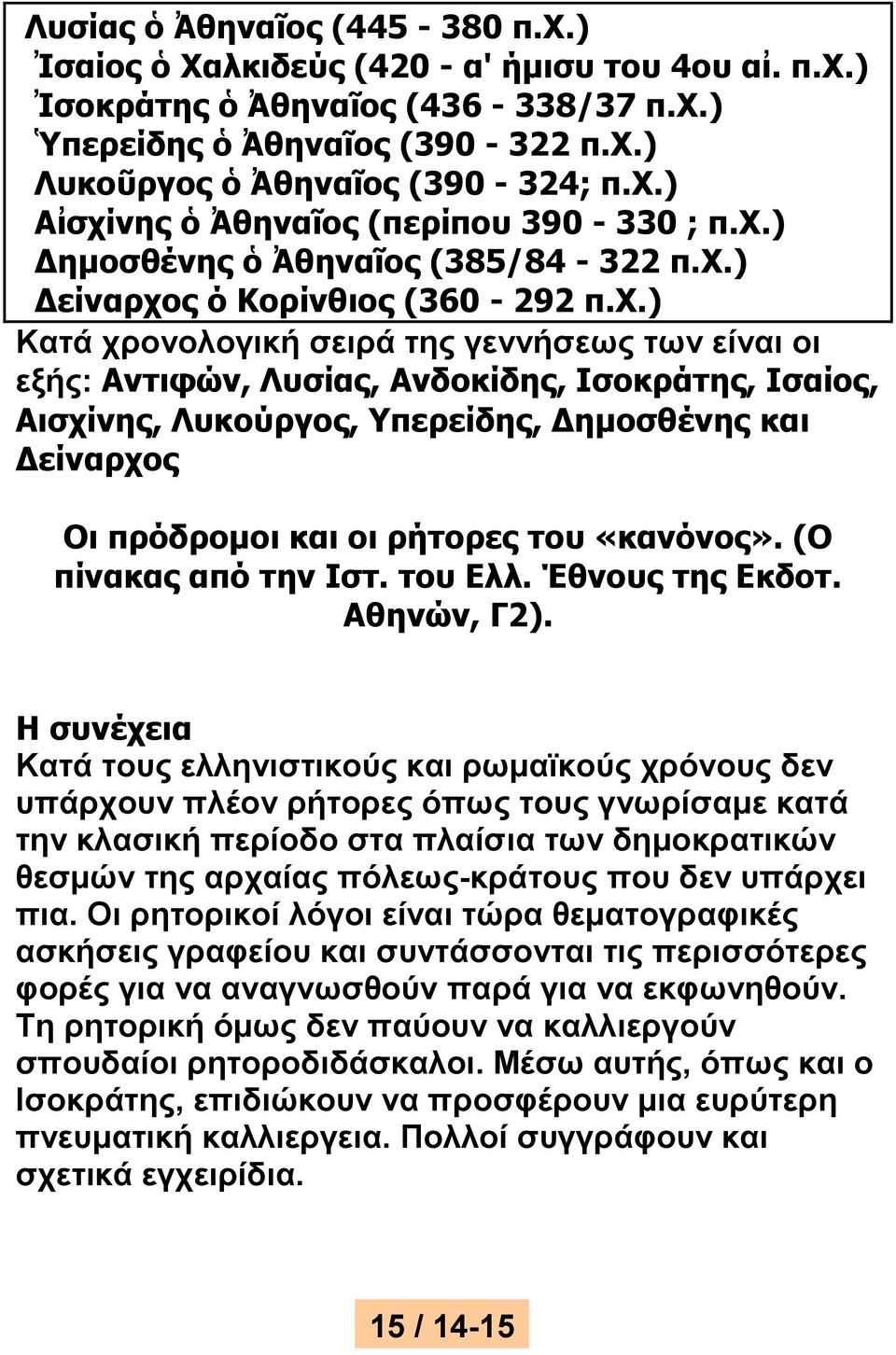 Λυκούργος, Υπερείδης, Δημοσθένης και Δείναρχος Οι πρόδρομοι και οι ρήτορες του «κανόνος». (Ο πίνακας από την Ιστ. του Ελλ. Έθνους της Εκδοτ. Αθηνών, Γ2).