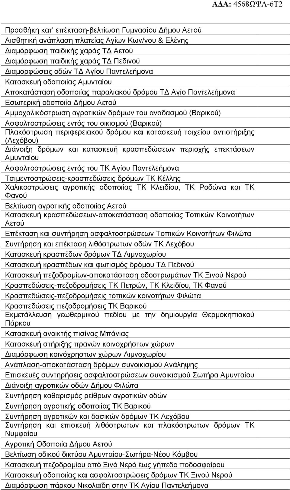 εντός του οικισµού (Βαρικού) Πλακόστρωση περιφερειακού δρόµου και κατασκευή τοιχείου αντιστήριξης (Λεχόβου) ιάνοιξη δρόµων και κατασκευή κρασπεδώσεων περιοχής επεκτάσεων Ασφαλτοστρώσεις εντός του ΤΚ