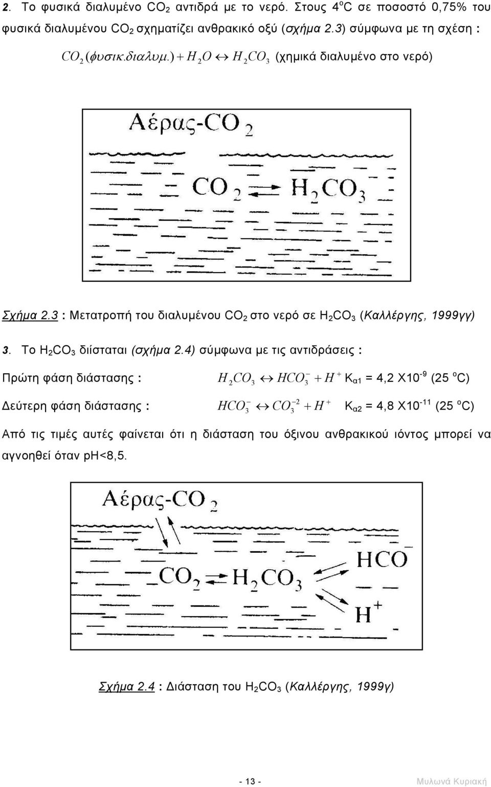 3 : Μετατροπή του διαλυµένου CO 2 στο νερό σε H 2 CO 3 (Καλλέργης, 1999γγ) 3. To Η 2 CO 3 διίσταται (σχήµα 2.