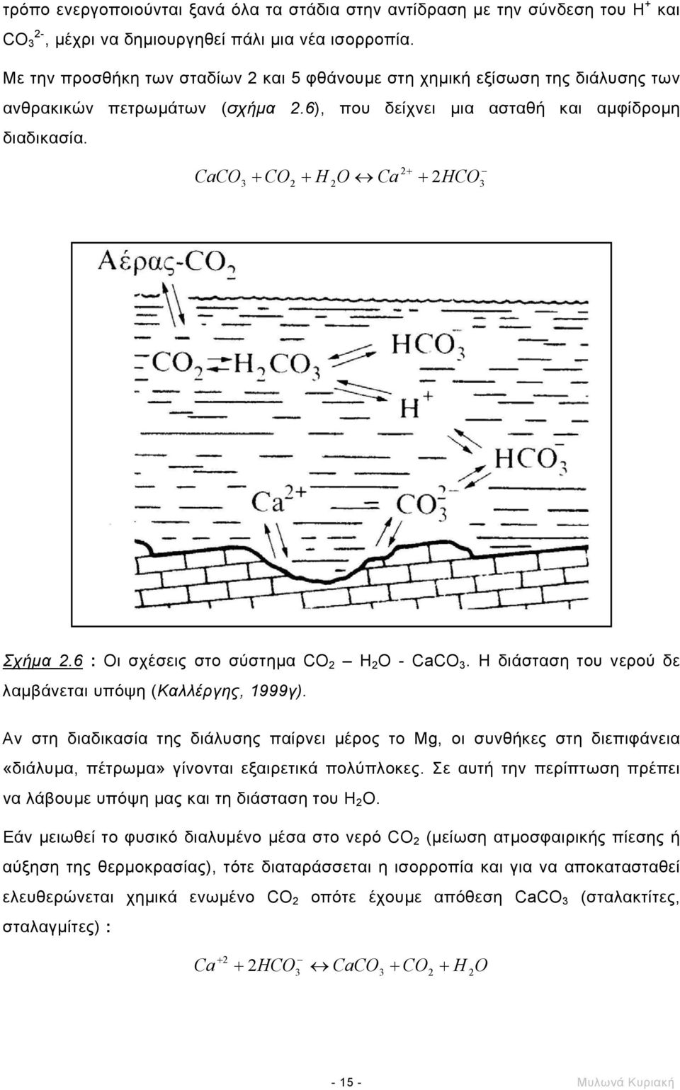 CaCO 3 2HCO 2 + + CO2 + H 2O Ca + 3 Σχήµα 2.6 : Οι σχέσεις στο σύστηµα CO 2 Η 2 Ο - CaCO 3. Η διάσταση του νερού δε λαµβάνεται υπόψη (Καλλέργης, 1999γ).