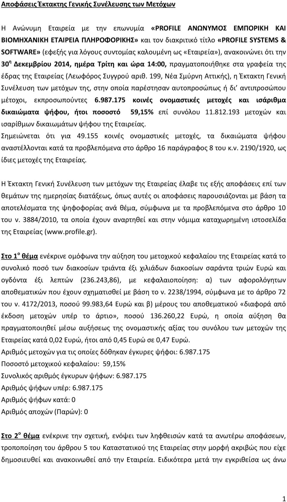 Συγγρού αριθ. 199, Νέα Σμύρνη Αττικής), η Έκτακτη Γενική Συνέλευση των μετόχων της, στην οποία παρέστησαν αυτοπροσώπως ή δι αντιπροσώπου μέτοχοι, εκπροσωπούντες 6.987.