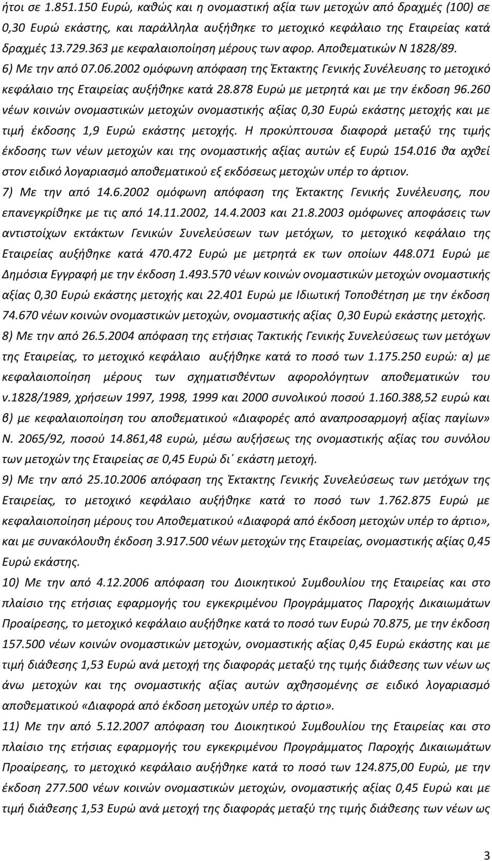 878 Ευρώ με μετρητά και με την έκδοση 96.260 νέων κοινών ονομαστικών μετοχών ονομαστικής αξίας 0,30 Ευρώ εκάστης μετοχής και με τιμή έκδοσης 1,9 Ευρώ εκάστης μετοχής.