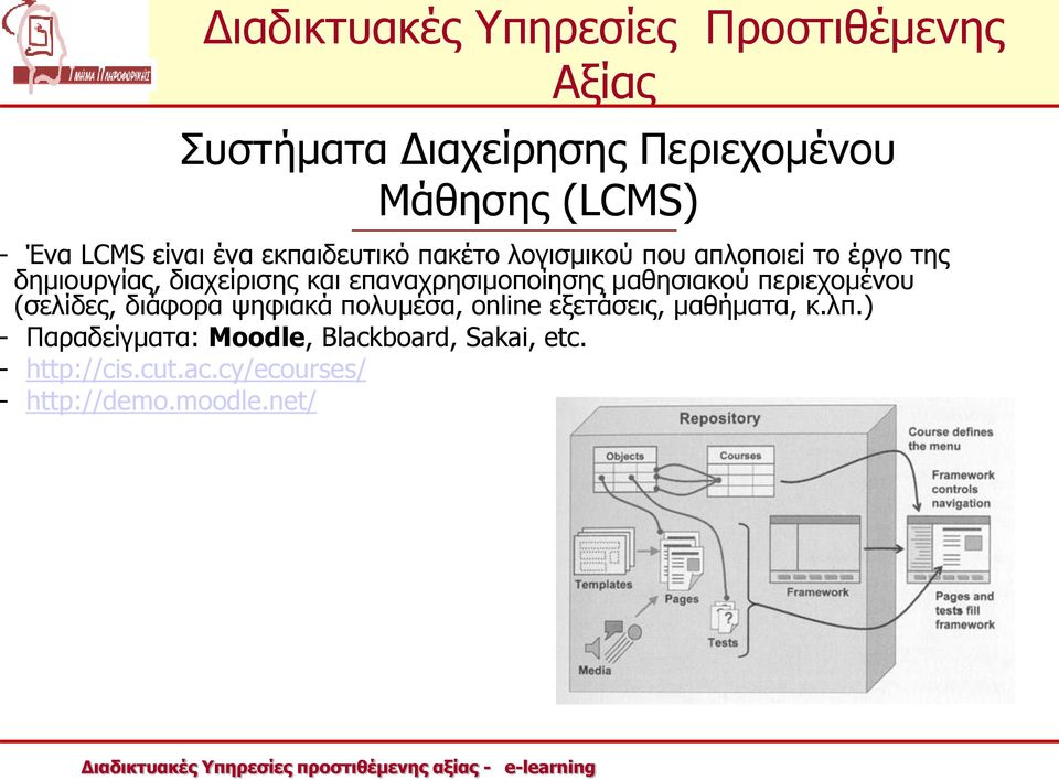 μαθησιακού περιεχομένου (σελίδες, διάφορα ψηφιακά πολυμέσα, online εξετάσεις, μαθήματα, κ.λπ.