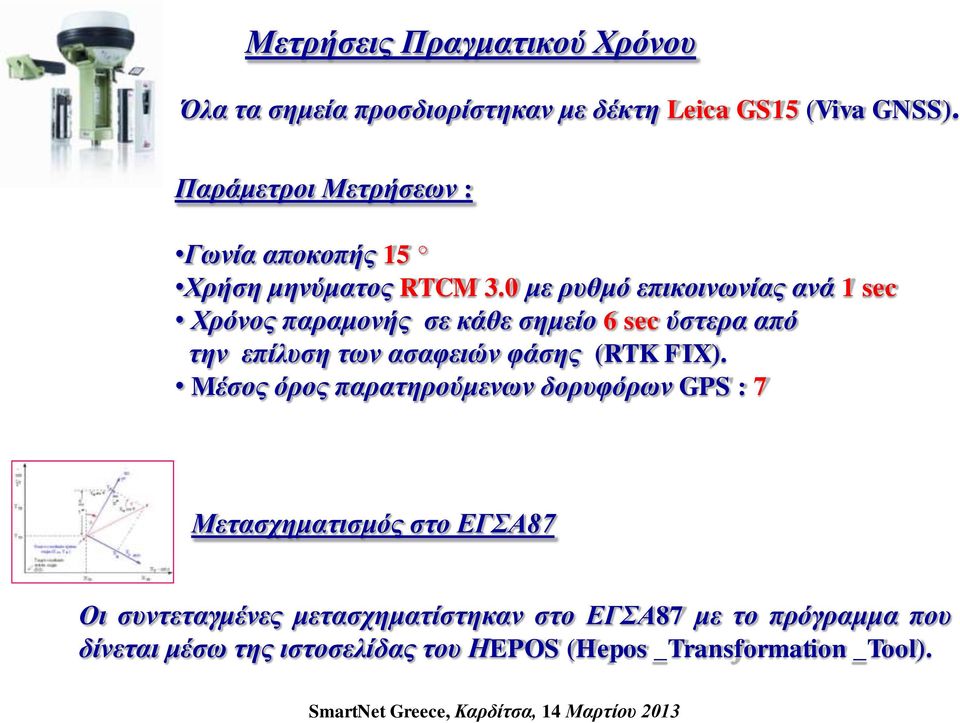 0 με ρυθμό επικοινωνίας ανά 1 sec Χρόνος παραμονής σε κάθε σημείο 6 sec ύστερα από την επίλυση των ασαφειών φάσης (RTK