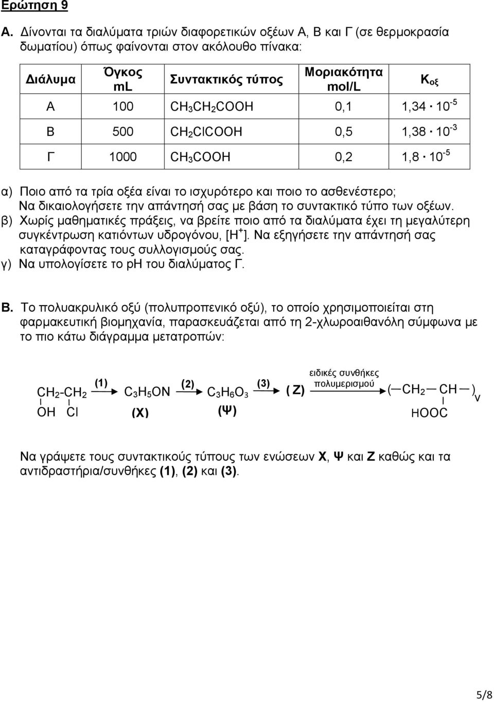 1,34 10-5 Β 500 CH 2 ClCOOH 0,5 1,38 10-3 Γ 1000 CH 3 COOH 0,2 1,8 10-5 Κ οξ α) Ποιο από τα τρία οξέα είναι το ισχυρότερο και ποιο το ασθενέστερο; Να δικαιολογήσετε την απάντησή σας με βάση το