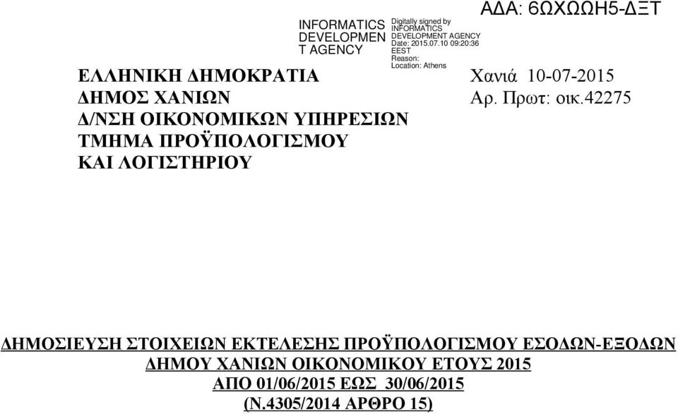 42275 ΔΗΜΟΣΙΕΥΣΗ ΣΤΟΙΧΕΙΩΝ ΕΚΤΕΛΕΣΗΣ ΠΡΟΫΠΟΛΟΓΙΣΜΟΥ ΕΣΟΔΩΝ-