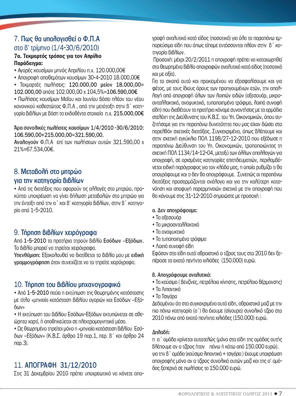 χ. 215.000,00 Άρα συνολικές πωλήσεις καυσίμων 1/4/2010-30/6/2010: 106.590,00+215.000,00=321.590,00. Αναλογούν Φ.Π.Α επί των πωλήσεων αυτών 321.590,00 x 21%=67.534,00. 8.
