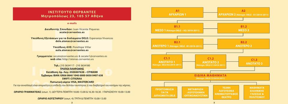 1 ΑΝΩΤΕΡΟ 1 (Κάτοχοι DELE - B1/2010-2011) Α2 ΑΡΧΑΡΙΩΝ 2 (Κάτοχοι DELE - A1/2010-2011) Β1.2 ΜΕΣΟ 2 Β2.2 ΑΝΩΤΕΡΟ 2 Γραμματεία: secate@cervantes.es & secate1@cervantes.es web site: http://atenas.