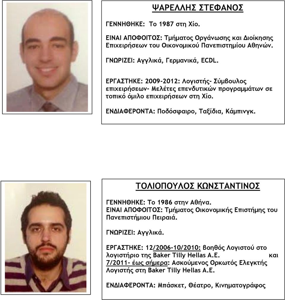 ΤΟΛΙΟΠΟΥΛΟΣ ΚΩΝΣΤΑΝΤΙΝΟΣ ΓΕΝΝΗΘΗΚΕ: Το 1986 στην Αθήνα. ΕΙΝΑΙ ΑΠΟΦΟΙΤΟΣ: Τμήματος Οικονομικής Επιστήμης του Πανεπιστήμιου Πειραιά. ΓΝΩΡΙΖΕΙ: Αγγλικά.