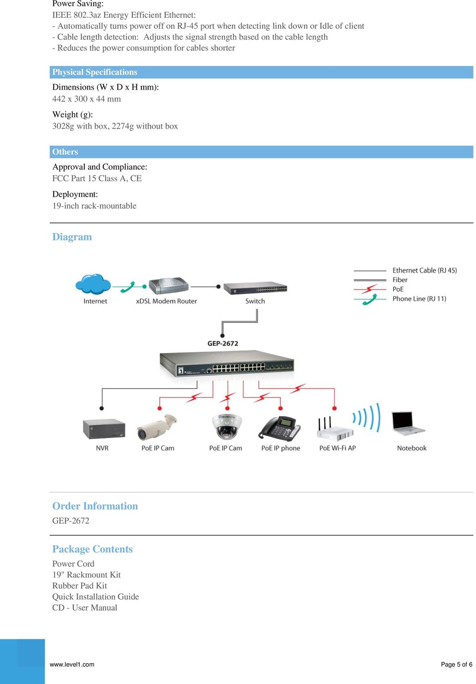 signal strength based on the cable length - Reduces the power consumption for cables shorter Physical Specifications Dimensions (W x D x H mm): 442 x 300 x 44