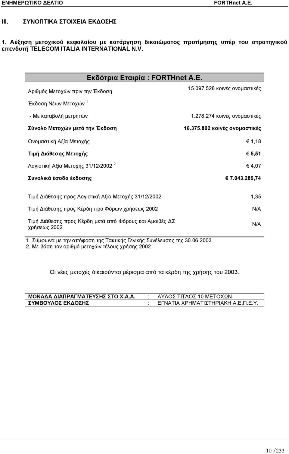 802 κοινές ονοµαστικές Ονοµαστική Αξία Μετοχής 1,18 Τιµή ιάθεσης Μετοχής 5,51 Λογιστική Αξία Μετοχής 31/12/2002 2 4,07 Συνολικά έσοδα έκδοσης 7.043.