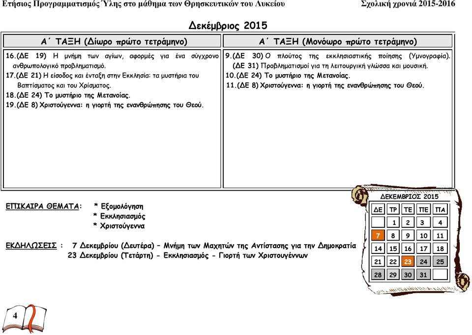 Α ΤΑΞΗ (Μονόωρο πρώτο τετράμηνο) 9.(ΔΕ 30) Ο πλούτος της εκκλησιαστικής ποίησης (Υμνογραφία). (ΔΕ 31) Προβληματισμοί για τη λειτουργική γλώσσα και μουσική. 10.(ΔΕ 24) Το μυστήριο της Μετανοίας. 11.