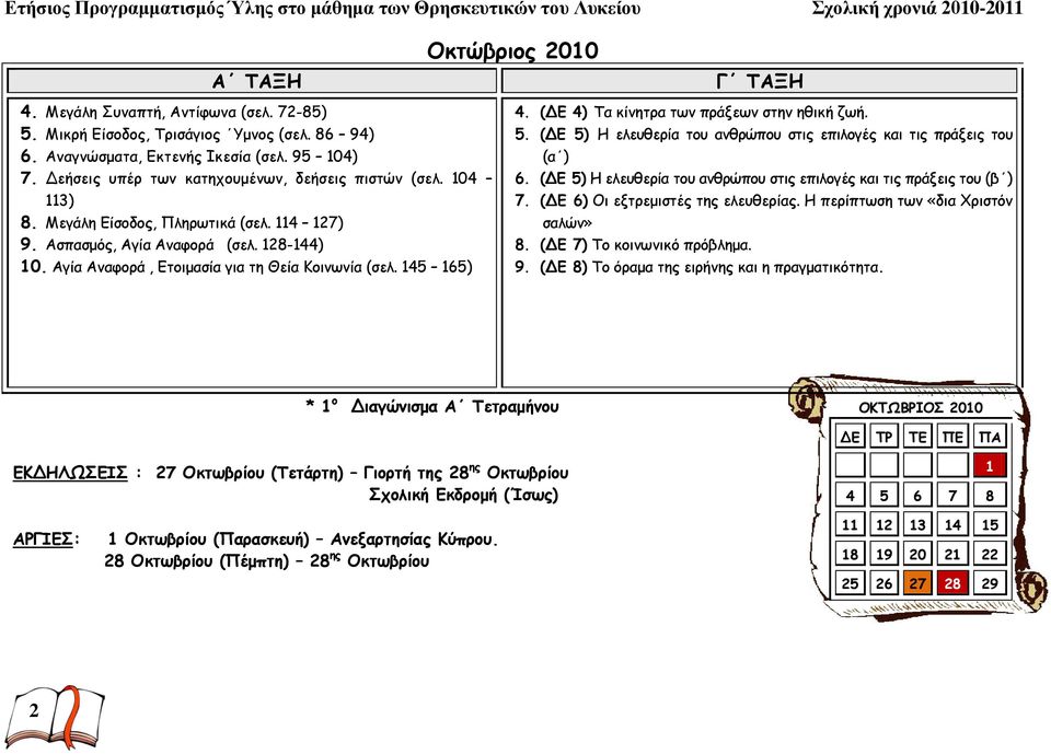 (ΔΕ 4) Τα κίνητρα των πράξεων στην ηθική ζωή. 5. (ΔΕ 5) Η ελευθερία του ανθρώπου στις επιλογές και τις πράξεις του (α ) 6. (ΔΕ 5) Η ελευθερία του ανθρώπου στις επιλογές και τις πράξεις του (β ) 7.