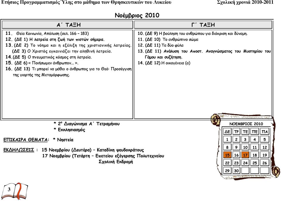 (ΔΕ 13) Τι μπορεί να μάθει ο άνθρωπος για το Θεό: Προσέγγιση της γιορτής της Μεταμόρφωσης. Γ ΤΑΞΗ 10. (ΔΕ 9) Η βούληση του ανθρώπου για διάκριση και δύναμη. 11. (ΔΕ 10) Το ανθρώπινο σώμα 12.
