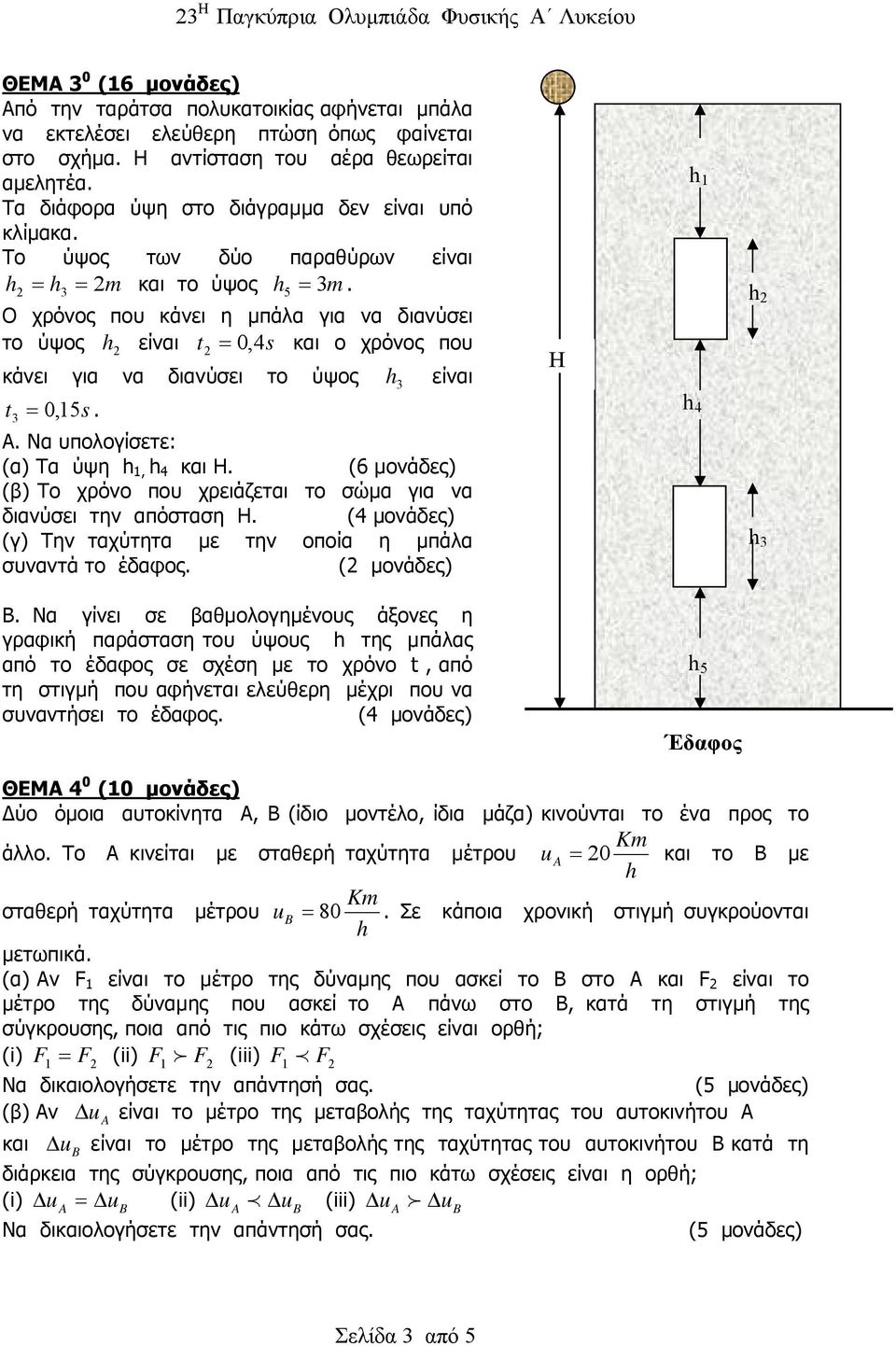 Ο χρόνος που κάνει η µπάλα για να διανύσει το ύψος είναι t = 0, 4 και ο χρόνος που κάνει για να διανύσει το ύψος 3 είναι t = 3 0, 15. Α. Να υπολογίσετε: (α) Τα ύψη 1, 4 και H.