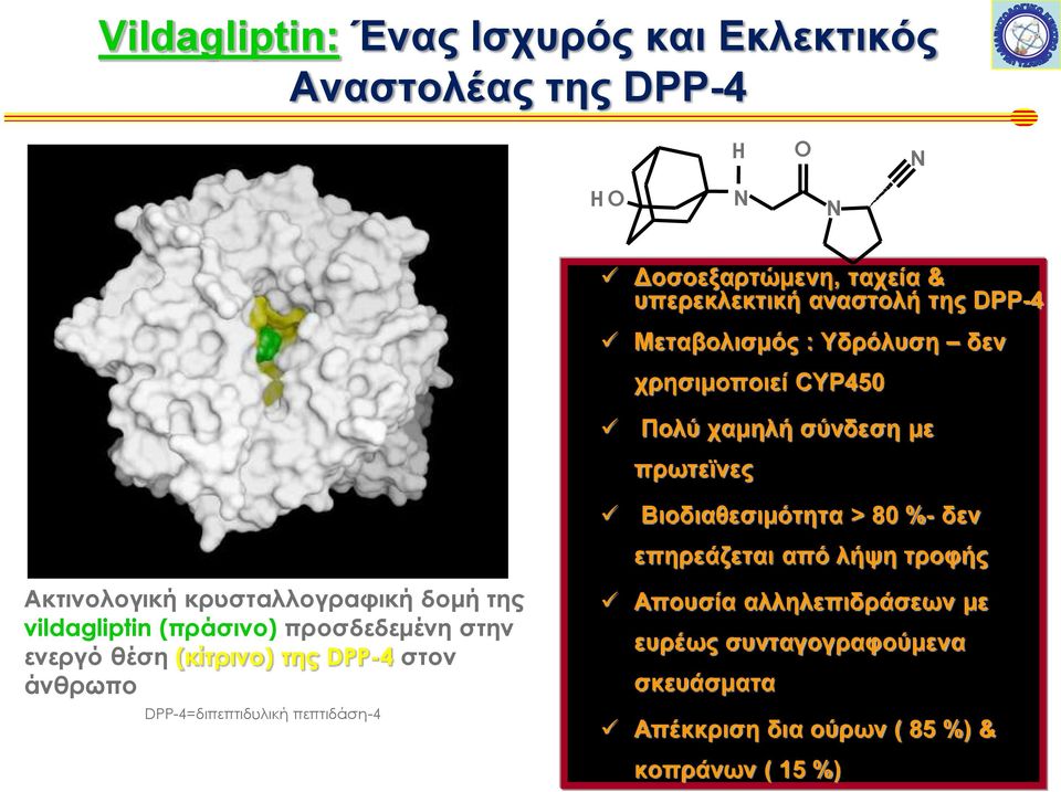 τροφής Ακτινολογική κρυσταλλογραφική δομή της vildagliptin (πράσινο) προσδεδεμένη στην ενεργό θέση (κίτρινο) της DPP-4 στον άνθρωπο