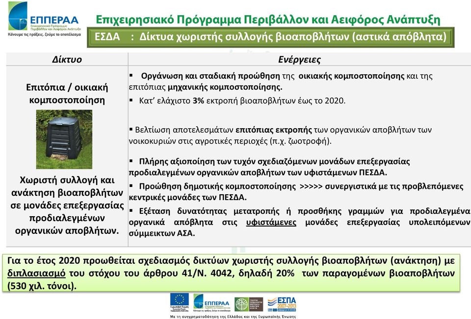 Βελτίωση αποτελεσμάτων επιτόπιας εκτροπής των οργανικών αποβλήτων των νοικοκυριών στις αγροτικές περιοχές (π.χ. ζωοτροφή).